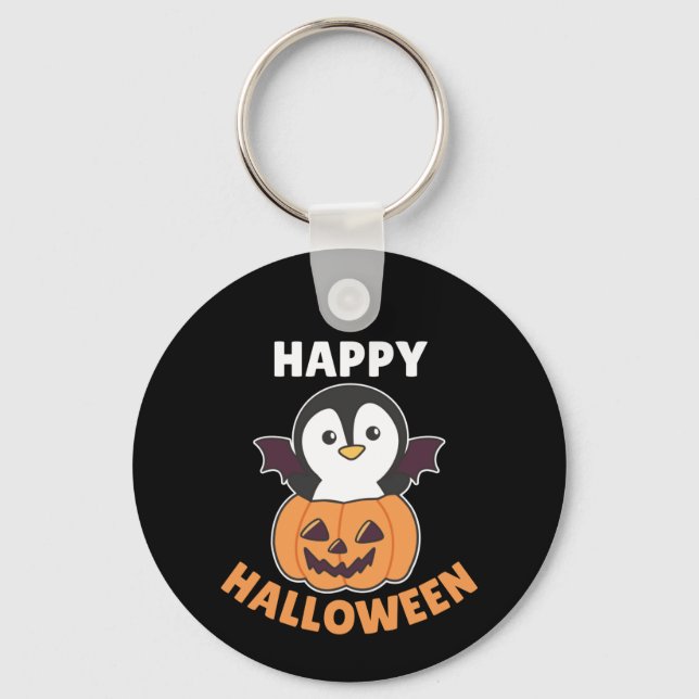 Penguin Happy Halloween Pumpkin Bat Costume Key Ring (Front)