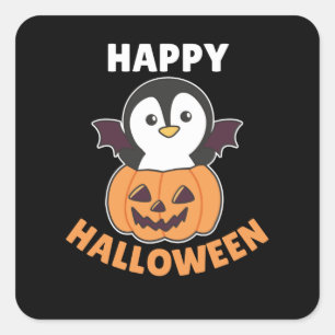 Penguin Happy Halloween Pumpkin Bat Costume Square Sticker