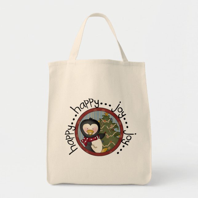 Penguin Happy Joy Christmas Holiday Tote Bag (Front)