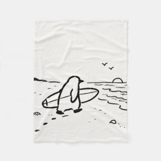 Penguin Heading to the Beach With a Surfboard Fleece Blanket