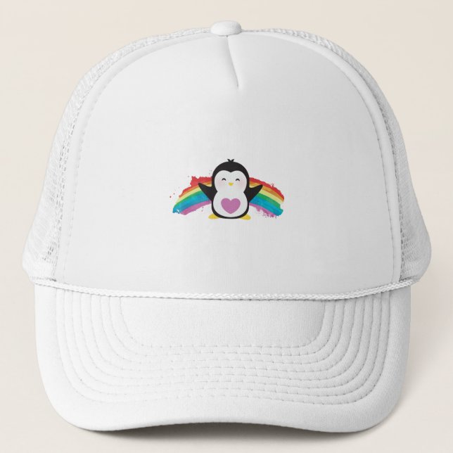 Penguin Heart Rainbow Cute Animals For Kids Trucker Hat (Front)