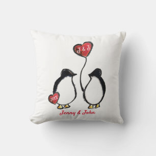 Penguin & hearts wedding cushion