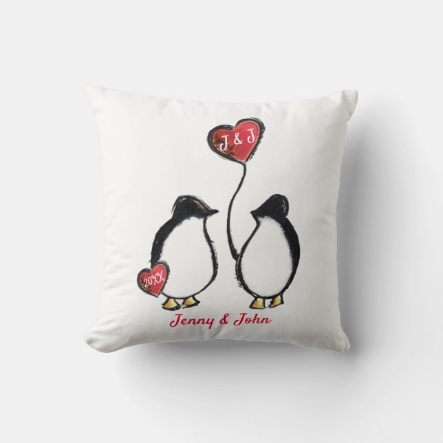 Penguin & hearts wedding cushion (Front)