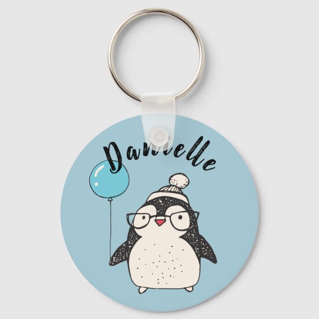 Penguin Holding a Balloon Personalised Blue Key Ring (Front)