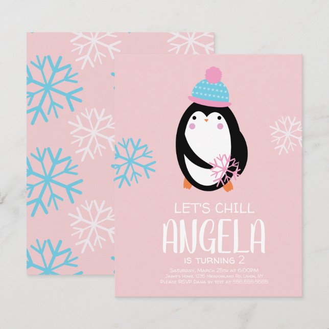 Penguin Holding Snowflakes Winter Birthday Invitation (Front/Back)