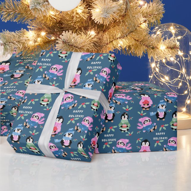 Penguin Holiday Crew Pattern Blue Wrapping Paper (Holidays)