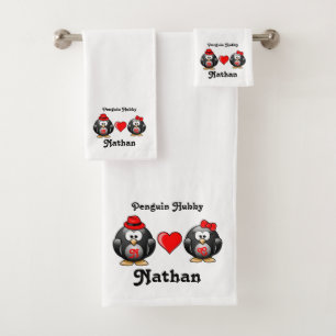 Penguin Hubby Adorable Mate Red Heart Hat Bath Towel Set