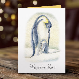 Penguin hug in the snow hand watercolor Christmas Holiday Card