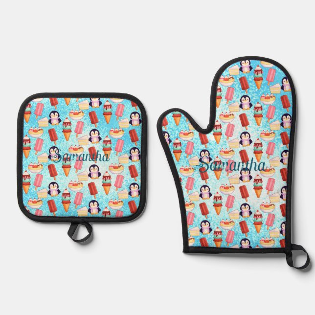 Penguin Ice Cream Sweets Oven Mitt & Pot Holder Set (Front)