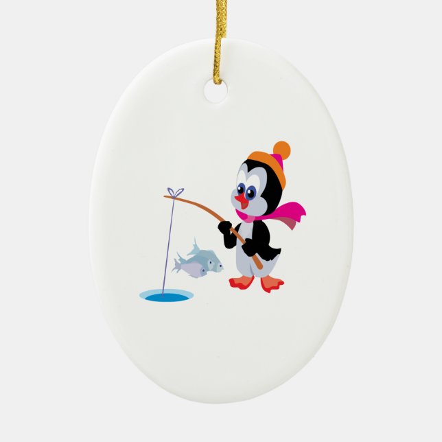 Penguin Ice Fishing 2 Ceramic Tree Decoration (Front)