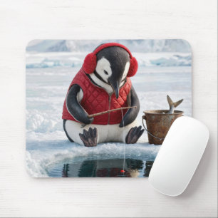 Penguin Ice Fishing on an Arctic Glacier Mouse Mat