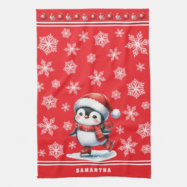 Penguin Ice Skater Festive Red Custom Christmas Tea Towel (Vertical)