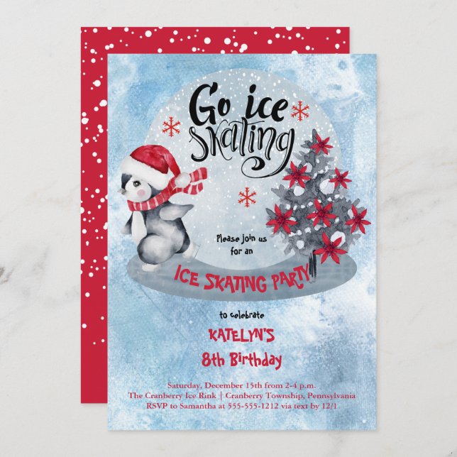 Penguin Ice Skating Holiday 8th Birthday Party Invitation (Front/Back)