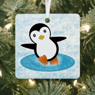 Penguin ice skating in the snow metal tree decoration