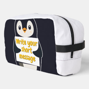 Penguin illustration holding customizable sign dopp kit