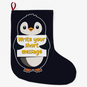 Penguin illustration holding customizable sign large christmas stocking