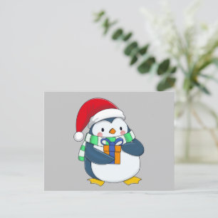Penguin in a Christmas hat with a gift  Pillar Can Announcement Postcard