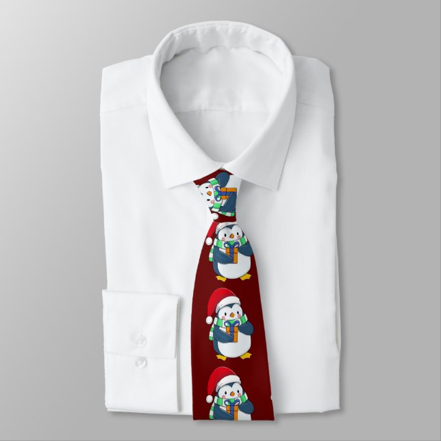 Penguin in a Christmas hat with a gift  Tie (Tied)