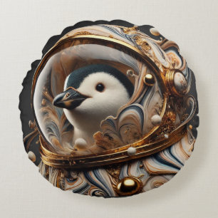 Penguin in a Cosmic Art Suit" Round Cushion