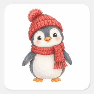 Penguin in a Knitted Hat Square Sticker
