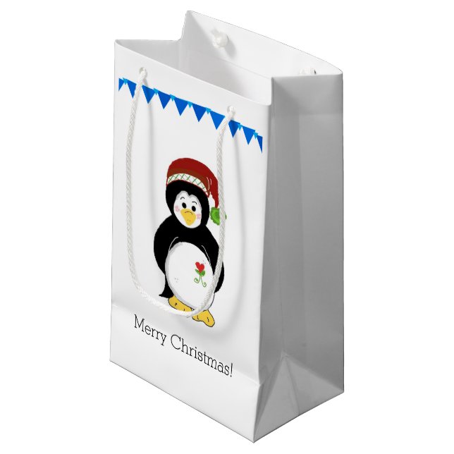 Penguin in a Santa Hat Small Gift Bag (Front Angled)