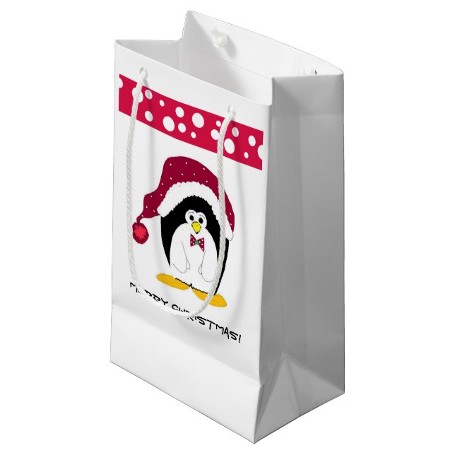 Penguin in a Santa Hat Small Gift Bag (Front Angled)