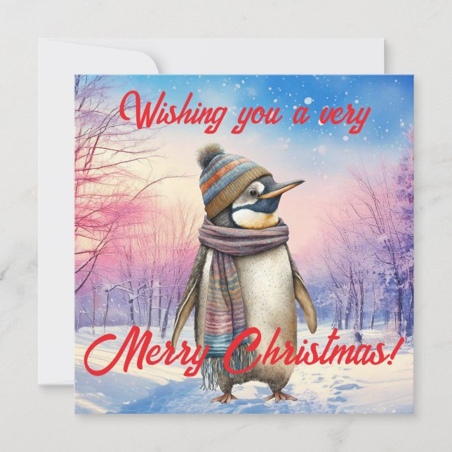 Penguin in a snowy landscape Merry Christmas Holiday Card (Front)