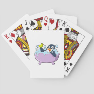 Penguin in Bathtub with Duck Playing Cards