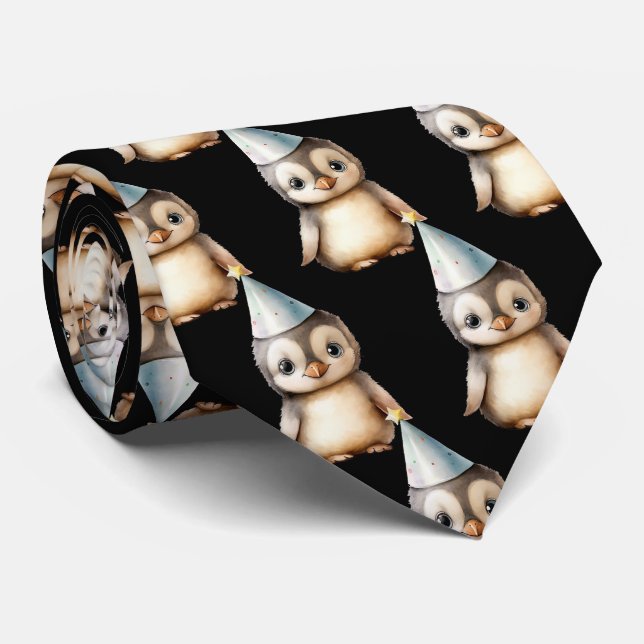 Penguin in Birthday Hat Neck Tie (Rolled)