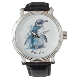 penguin in blue watercolor, customisable watch