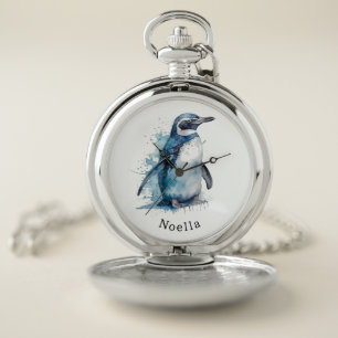 penguin in blue watercolor pocket watch