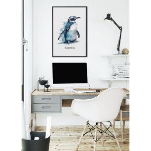 penguin in blue watercolor poster
