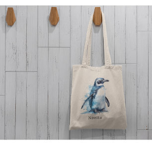 penguin in blue watercolor tote bag