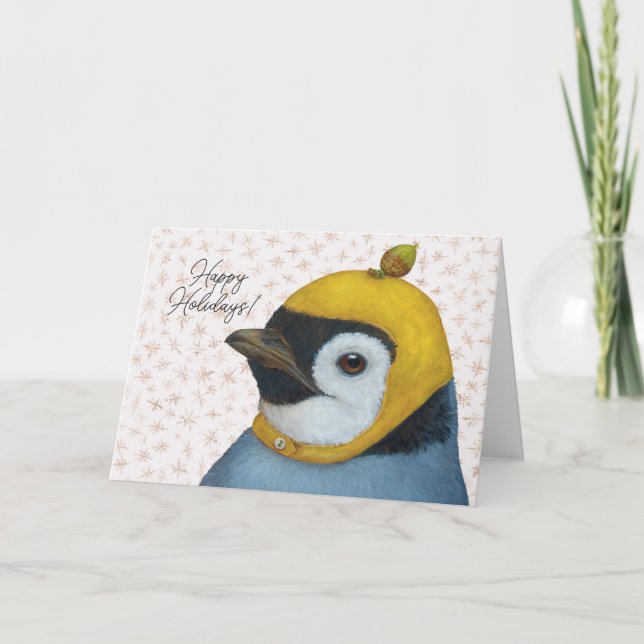 penguin in cap with acorn holiday card (Front)