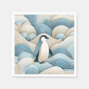 Penguin In Cream Blue Abstract Waves Napkin