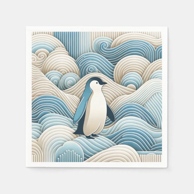 Penguin In Cream Blue Abstract Waves Napkin (Front)