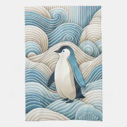 Penguin In Cream Blue Abstract Waves Tea Towel