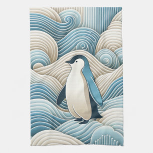Penguin In Cream Blue Abstract Waves Tea Towel