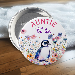 Penguin in Flowers Baby Shower Auntie to be 7.5 Cm Round Badge