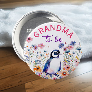 Penguin in Flowers Baby Shower Grandma to be 7.5 Cm Round Badge