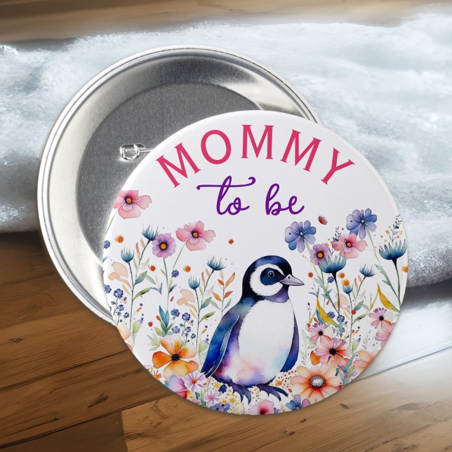 Penguin in Flowers Baby Shower Mum to be 7.5 Cm Round Badge (Creator Uploaded)