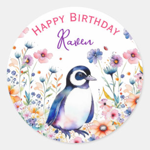 Penguin in Flowers Girl's Birthday Personalised Classic Round Sticker