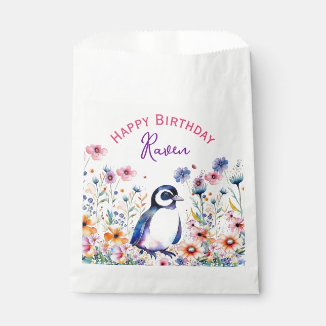 Penguin in Flowers Girl's Birthday Personalised Favour Bags (Front)