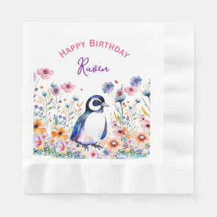 Penguin in Flowers Girl's Birthday Personalised Napkin