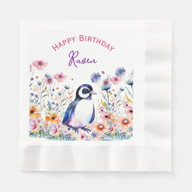 Penguin in Flowers Girl's Birthday Personalised Napkin (Front)