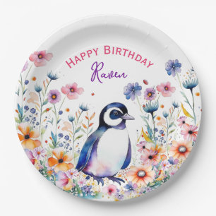 Penguin in Flowers Girl's Birthday Personalised Paper Plate