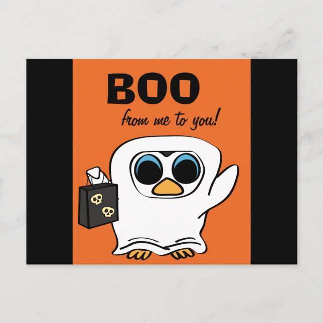 Penguin in Ghost Costume Trick or Treat Postcard (Front)