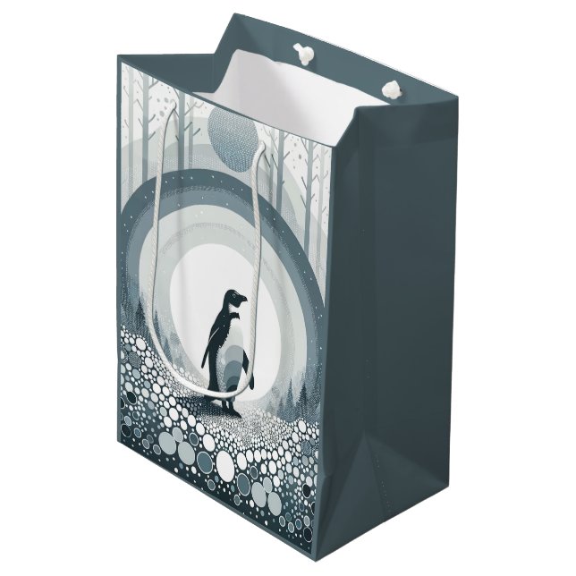 Penguin In Grey Scandi Dots Field Forest Medium Gift Bag (Front Angled)