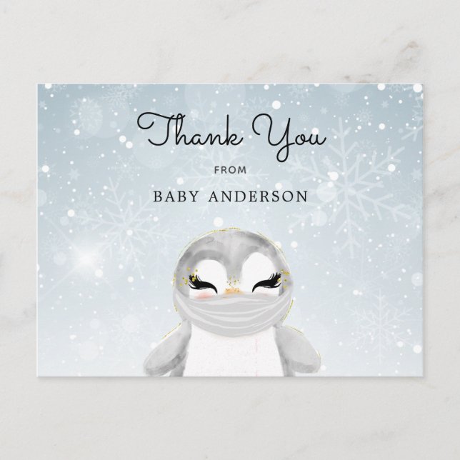 Penguin in Mask Baby Shower Thank You Postcard (Front)