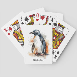 penguin in orange and black watercolor playing cards